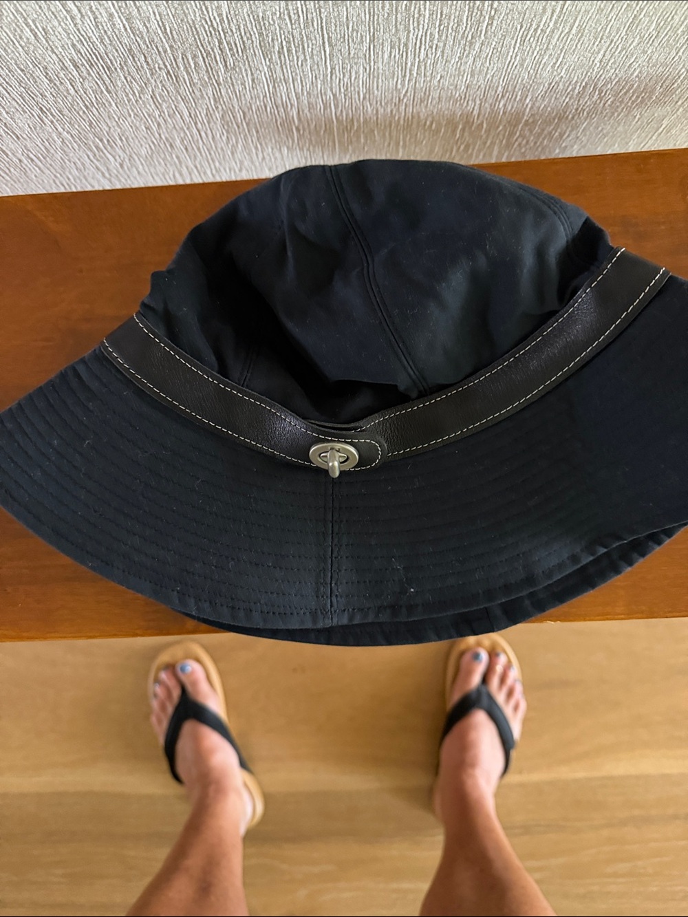 Coach Blue Bucket Hat with Leather Trim